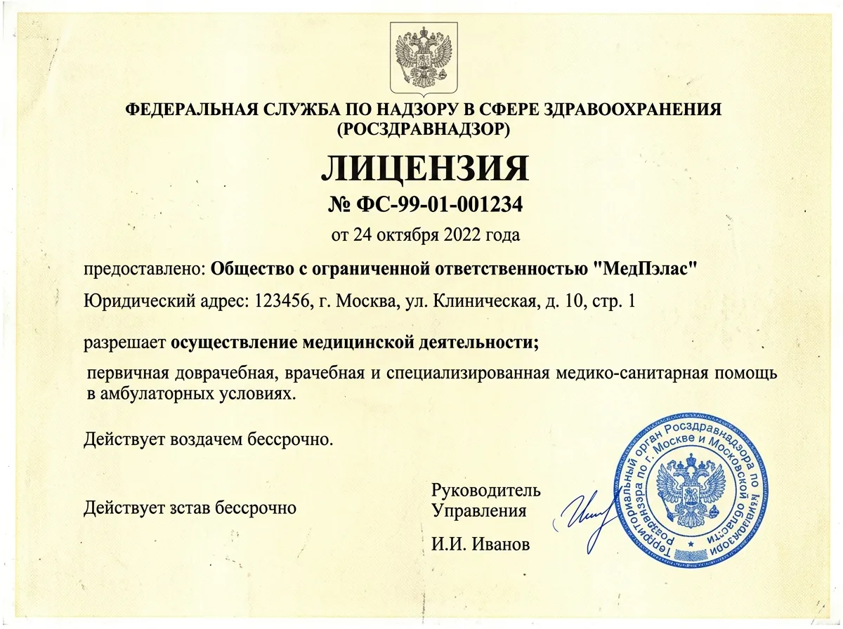 Сканированная копия лицензии Росздравнадзора на осуществление медицинской деятельности клиникой МедПалас, официальный документ с печатями