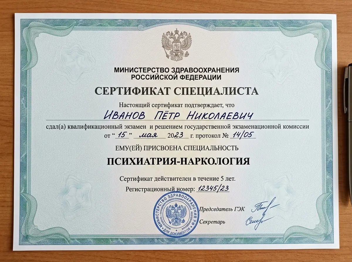 Сертификат специалиста главного врача клиники по специальности психиатрия-наркология, документ установленного образца Минздрава РФ