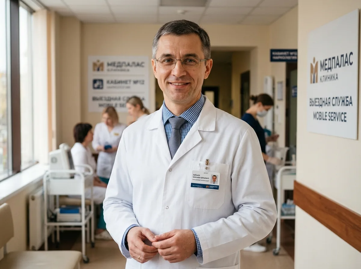 Портрет Зайцева Михаила Юрьевича, психиатра-нарколога выездной службы клиники МедПалас, мужчина в медицинском халате, профессиональное фото